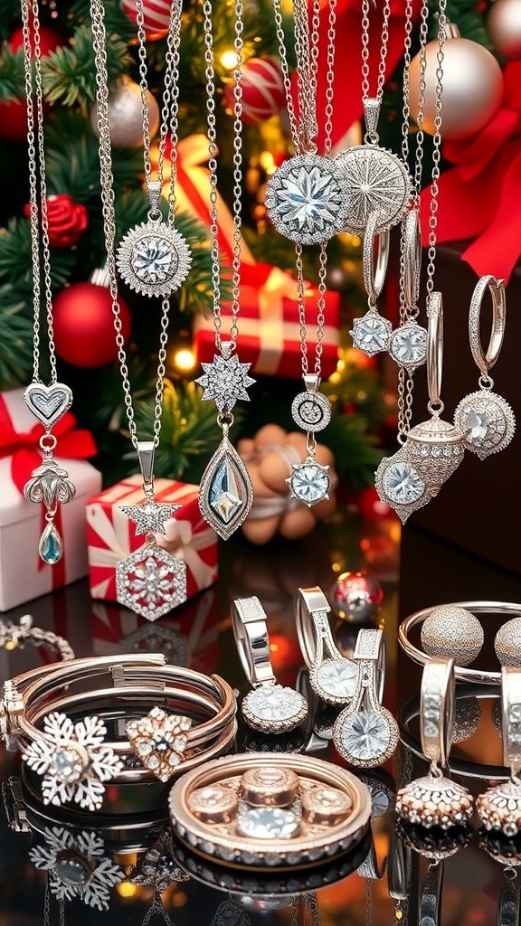 Elegant silver jewelry display with necklaces, bracelets, and earrings on a festive background.